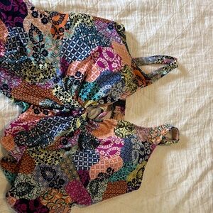 Colorful Patchwork Tie-Front Swimsuit Top with ruffle.